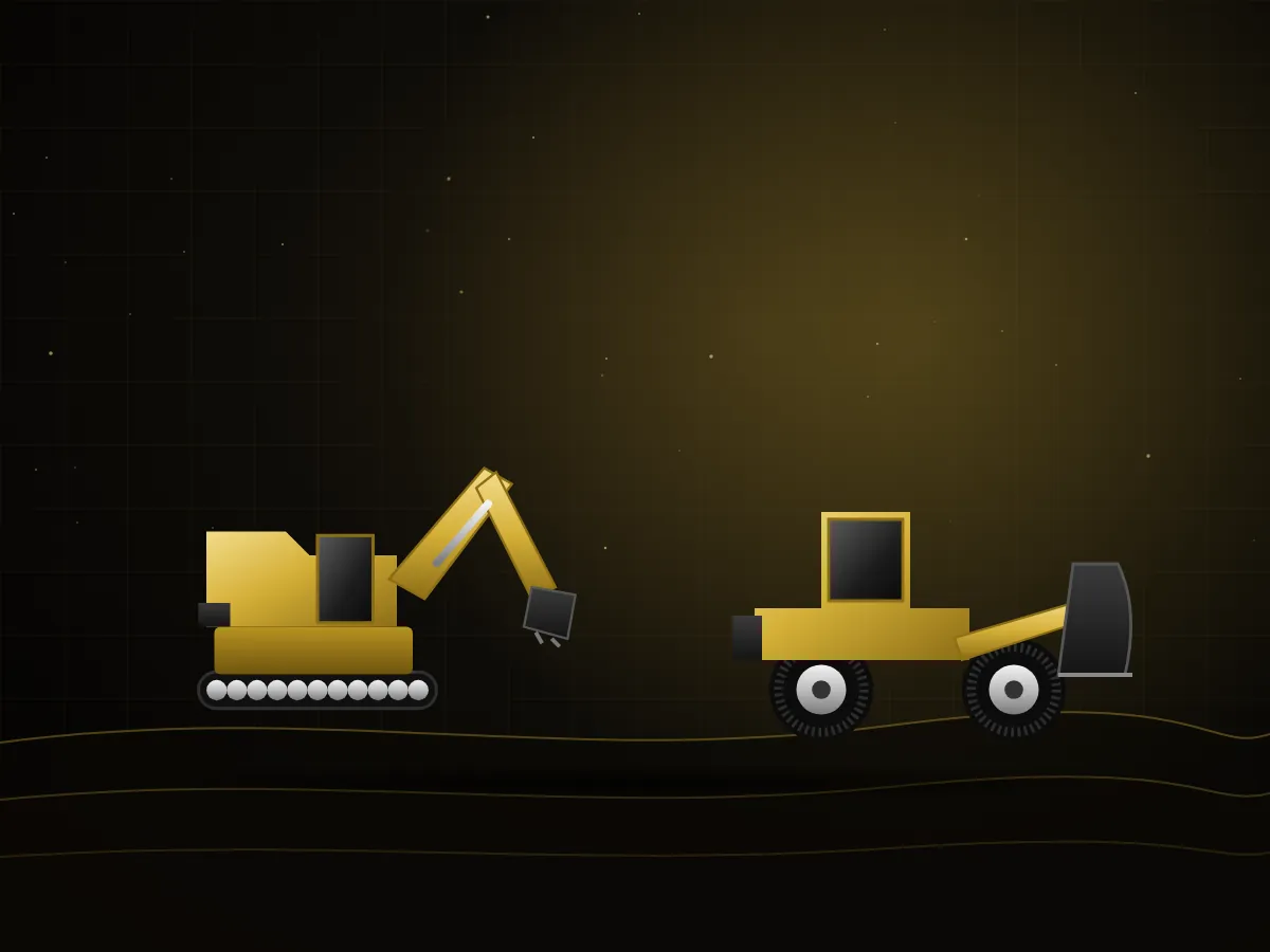 Gold excavator and wheel loader representing the heavy equipment fleet