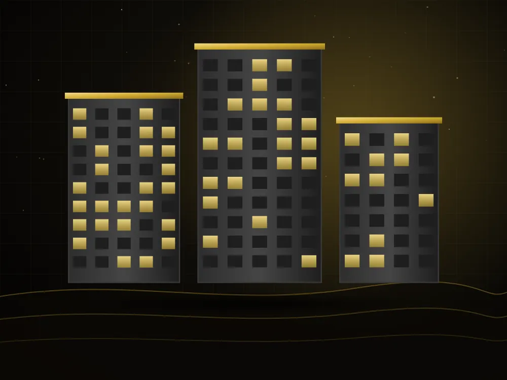 Residential buildings with lit windows representing accommodation services