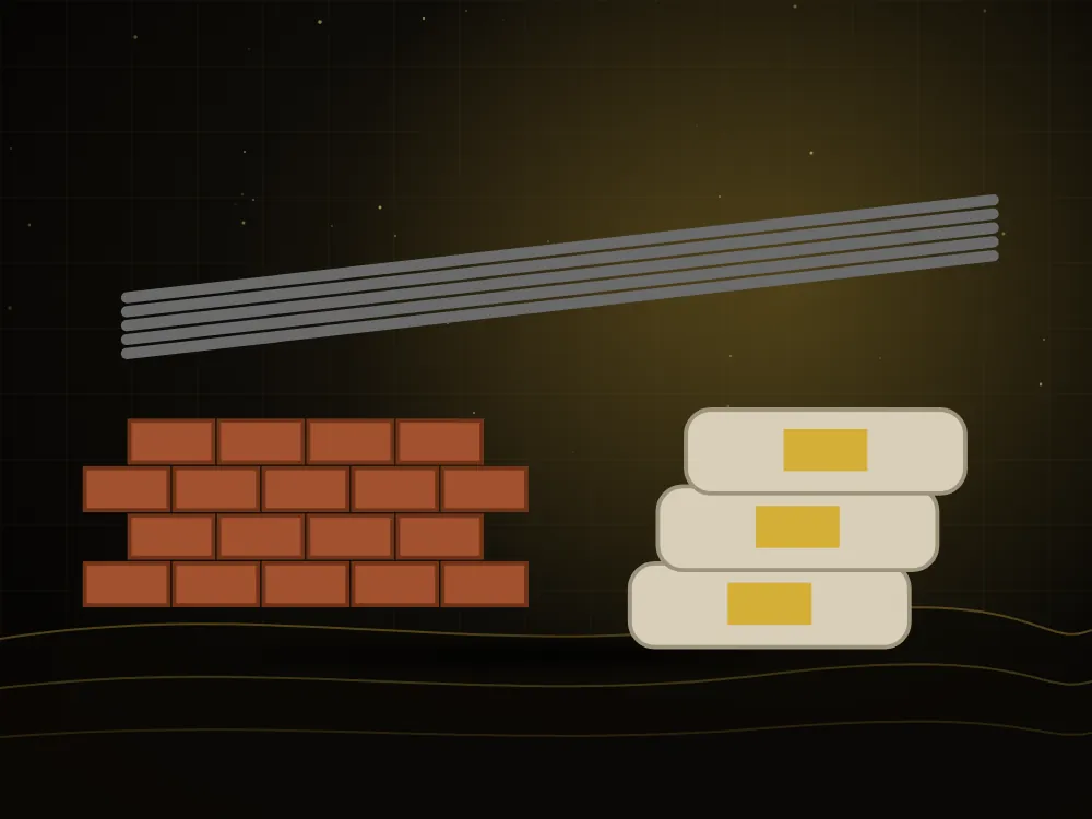 Bricks, cement bags and steel rebar